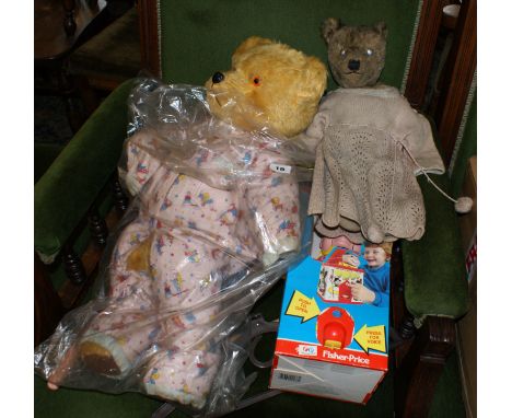 2 vintage teddy bears and a Fisher Price Jack-in-the-box.