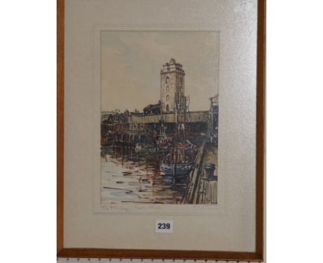 20th century water colour - Fish Quay North Shields. Signed R W Thornton 31 x 21 cm