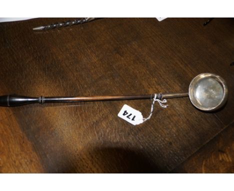 19th century precious white metal punch bowl ladle with turned wood handle