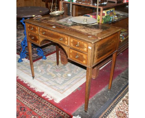 Small Edwardian mahogany lady's desk  with tooled leather inset top above five drawers with inlaid decoration on square taper