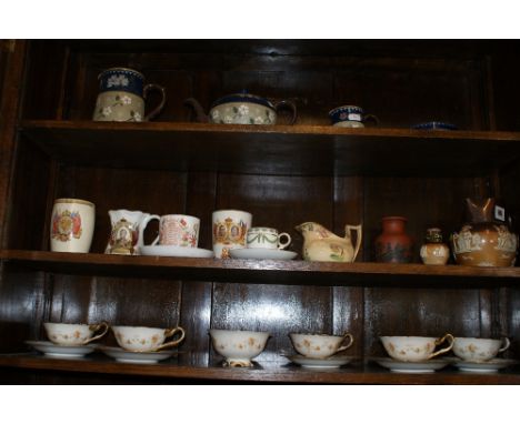 Doulton salt-glazed jug and bottle, terracotta vase, commemorative china, Cauldon china cups, saucers and sugar bowl and a fo