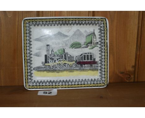 Oblong pottery plate depicting and early steam engine and tender title 'Railway' made in England for R W.