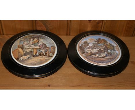 2 antique cream pot lids in wood frames, one depicting Anne Hathaway's cottage, the other titled 'A Fix' together with a repl
