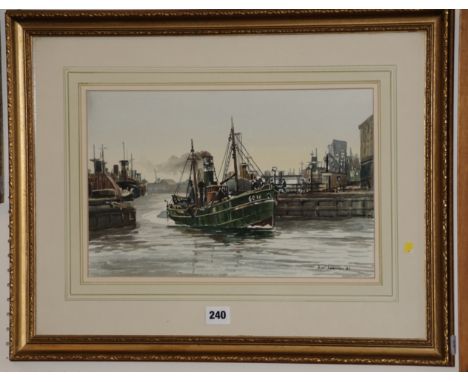 20th century water colour - Fishing Boat entering the Tyne signed R W Thornton 87. 24 x 37.5 cm