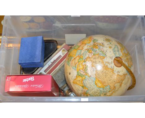 BOX WITH WORLD GLOBE, RADIO, BOXED BARBIE DOLL, BINOCULARS ETC    