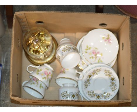 BOX WITH MANTLE CLOCK &amp; ASSORTED TEA WARE    