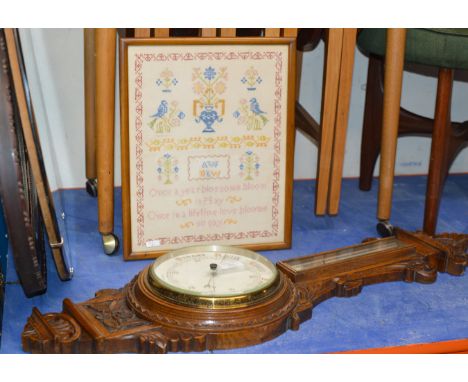VICTORIAN OAK COMBINATION BAROMETER &amp; SEWN SAMPLER    