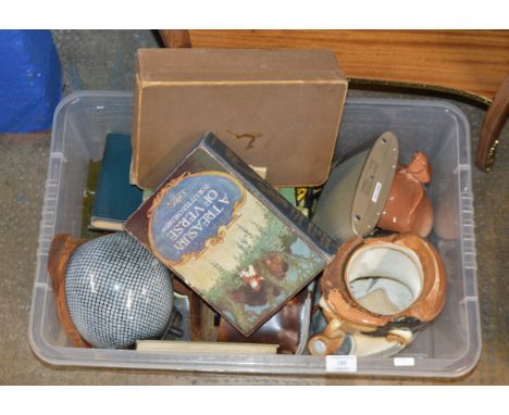 BOX WITH ROTARY WRIST WATCH, CHARACTER JUG, OLD BOOKS, SEWING ACCESSORIES, COW BELL ETC    