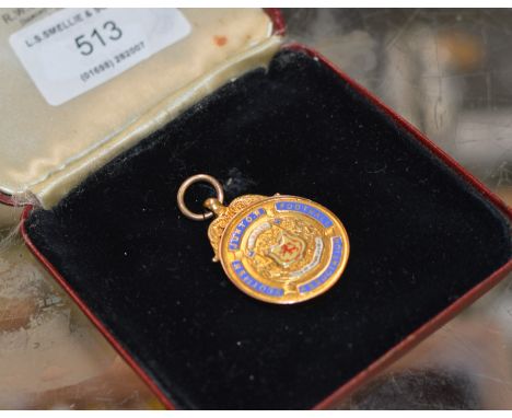 9 CARAT GOLD &amp; ENAMEL SCOTTISH JUNIOR FOOTBALL ASSOCIATION FOB MEDAL, AWARDED TO GEORGE SCOBBIE, 1955-1956 PETERSHILL FC 