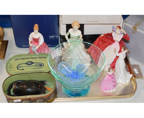 TRAY WITH VINTAGE ENEMA, CAITHNESS BOWL, ROYAL DOULTON FIGURINES ETC    