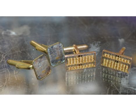 PAIR OF 14 CARAT GOLD ABACUS CUFFLINKS - APPROXIMATE WEIGHT = 7 GRAMS &amp; PAIR OF JAPANESE MIXED  METAL CUFFLINKS    