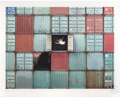 JR (French b.1983) 'The Ballerina Jumping In Containers, Le Harce, France, 2014', 2018, lithograph in colours on 250 grms BFK
