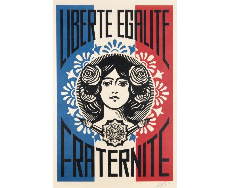 Shepard Fairey (American b.1970), 'Liberte, Egalite, Fraternite', 2018, offset lithograph in colours on cream Speckle Tone pa
