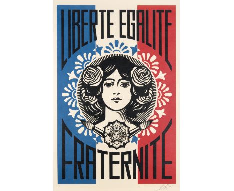 Shepard Fairey (American b.1970), 'Liberte, Egalite, Fraternite', 2018, offset lithograph in colours on cream Speckle Tone pa