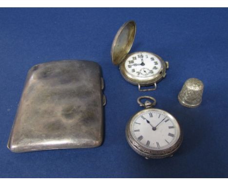 Mixed collection of silver to include a silver cigarette case, thimble, fob watch and further silver hunter wrist watch head 