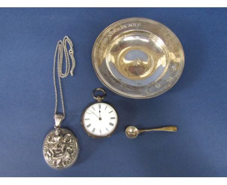 A mixed collection of silver to include a silver alms dish, salt spoon, continental silver fob watch and further eastern whit