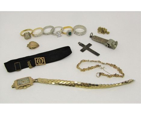 Mixed lot comprising an inscribed 9ct ladies cocktail watch head on associated strap, a 9ct fancy gate link bracelet (clasp v
