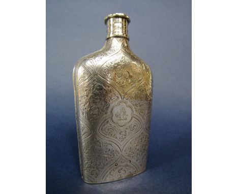 Victorian silver hip flask with diaper engraved foliate panels, central engraved crest of a rampant lion, makers mark worn, B