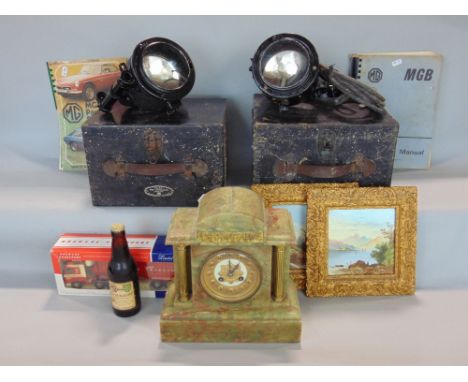 A mixed miscellaneous lot to include green vein marbled architectural twin train mantle clock, two painted tiles within gilt 