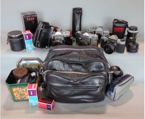 A box of various camera equipment to include various cameras including a Petrittl, Praktica MTL3, Praktica Super TL, Praktica