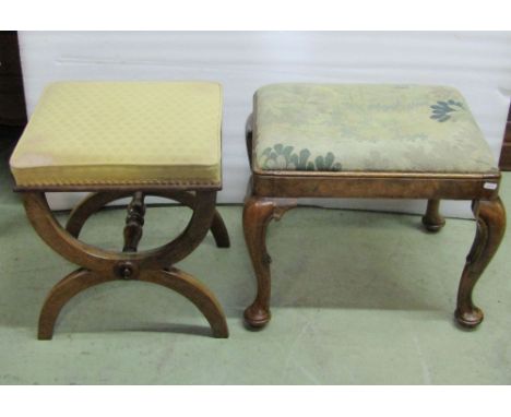 A 19th century rosewood X framed stool with upholstered seat, a further walnut stool in the Georgian style with cabriole supp