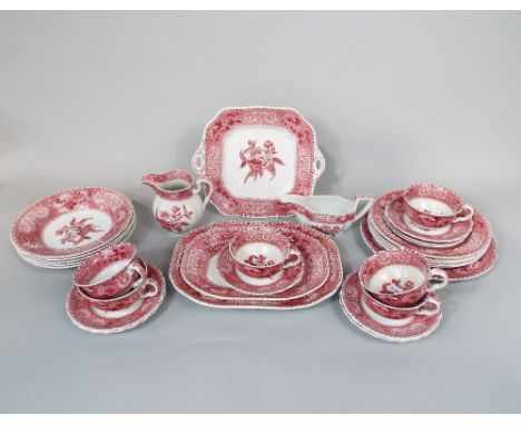 A collection of Copeland Spode Camilla pattern pink printed dinner and teawares comprising two oval graduated meat plates, sa