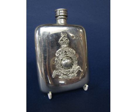 Royal Marines pewter hip flask with applied cast crest for the Gibraltar Regiment, 12cm long