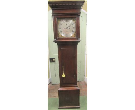 A Georgian oak longcase clock, the square dial (12 inches) in brass with silvered chapter ring and engraved centre, eight day