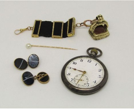 Interesting mixed lot of antique yellow metal items to include a ribbon watch fob suspending a good quality intaglio hardston