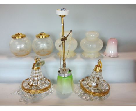 A collection of antique and vintage lighting to include a pair of prismatic drop brass ceiling lights, together with a furthe