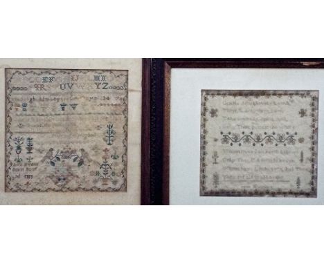 A late 18th century needlework sampler by Ann Evens, dated 1789, 33 x 32.5 cm, together with a further early 19th century nee