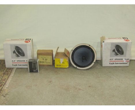 Two Eagle International FR.65 speakers, a pair of Lowther floorstanding speaker cases, a book KEF - 50 years of Innovation in