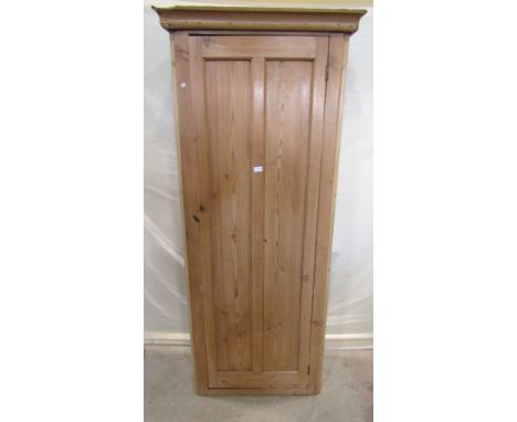 A stripped and waxed pine hall robe/cupboard, enclosed by a full length twin moulded panelled door, flanked by panelled sides