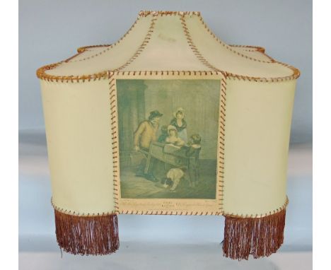 Large vellum standard lamp/pendant shade with panelled prints with scenes of London