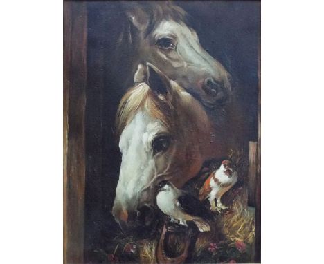 19th century British school - Study of two ponies and a pair of pigeons at a stable door, oil on canvas, unsigned, 39 x 25.5.