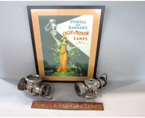 Good motoring lot to include pair of Powell &amp; Hammer Ltd car lamps together with Powell &amp; Hammer lamps enamel sign an