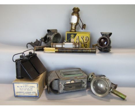 A collection of vintage lighting to iclude a coach lamp, 5 bicycle lamps including a boxed Danish ASP Cykle-lygte candle lamp