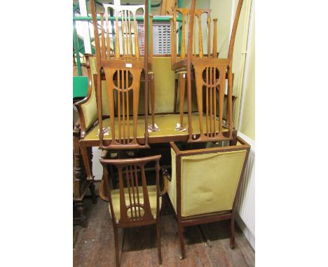 An art nouveau parlour room suite comprising set of five chairs with carved stick backs and high quality marquetry detail, fu