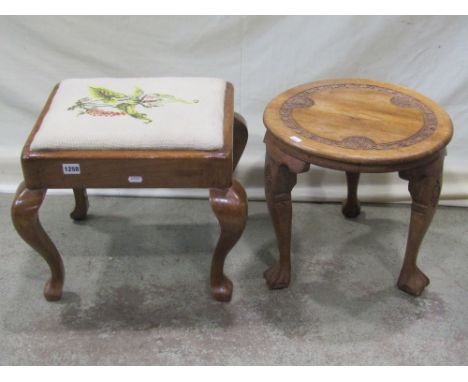 A small circular occasional table or stool with carved foliate detail, together with a further stool with drop in floral tape