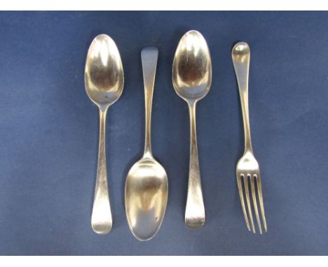 Set of three early antique silver Old English tablespoons, hallmarks rubbed, together with a further 18th century George Smit