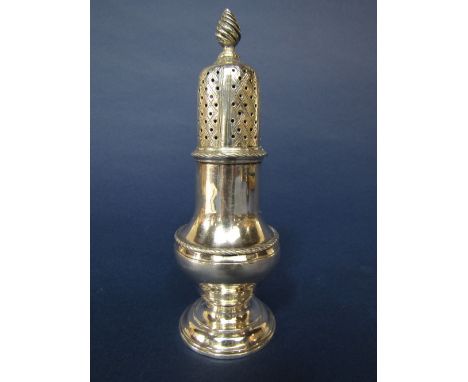 Early George III silver caster with scrolled acorn finial and pierced diaper work top, maker Robert Peaston, London 1769, 15c