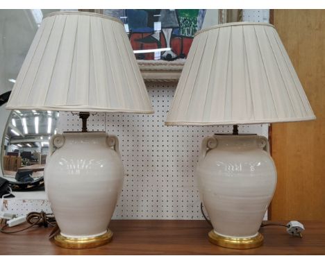 TABLE LAMPS, a pair, 65cm H, white glazed ceramic with shades. (2) 