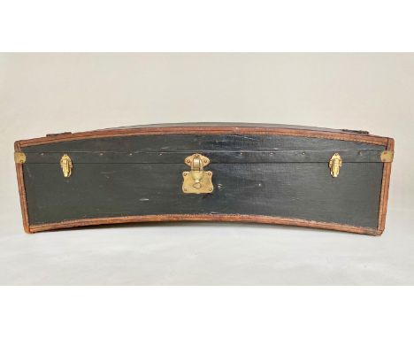 VINTAGE CAR TRUNK, early 20th century arched form black canvas with tooled leather and brass bindings, rising lid and carryin
