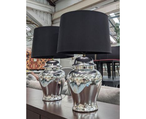 TABLE LAMPS, a pair, 65cm H, silvered ceramic, black shades. (2) 