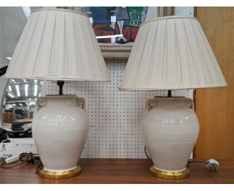 TABLE LAMPS, a pair, 65cm H white glazed ceramic with shades. (2) 