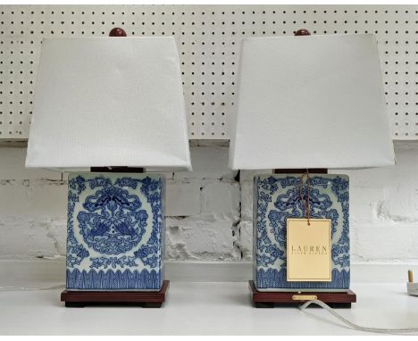 LAUREN RALPH LAUREN HOME TABLE LAMPS, a pair, blue and white ceramic, 43cm H. 