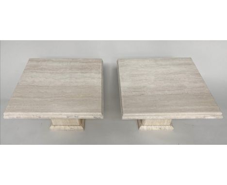 TRAVERTINE LAMP TABLES, a pair, 1970s travertine marble each square with stepped plinth, 53cm x 53cm x 33cm H. (2) 