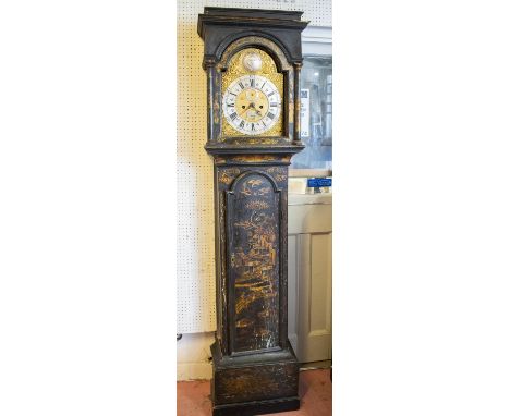LONGCASE CLOCK, 202cm H x 51cm x 25cm, George I black Japanned and gilt decorated with inscription John Thornton of Sudbury a