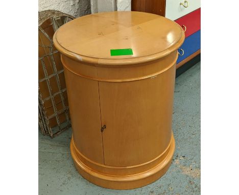 DRUM CABINET, 63cm x 52cm diam, contemporary light wood construction, lockable, one shelf. 