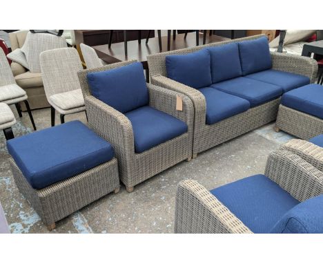 INDIAN OCEAN GARDEN LOUNGE SET, including sofa 199cm W, armchair 70cm W, stool 61cm x 61cm x 46cm. (3) 